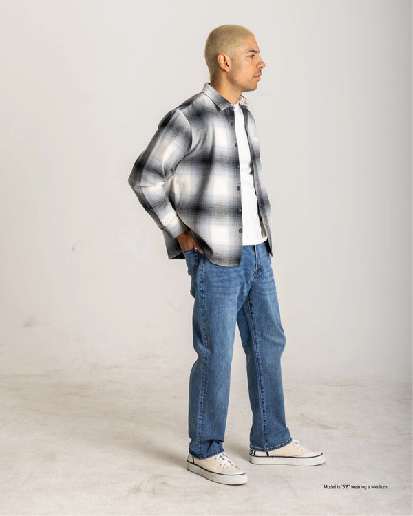 Navy Plaid flannel shirt for shorter men posed