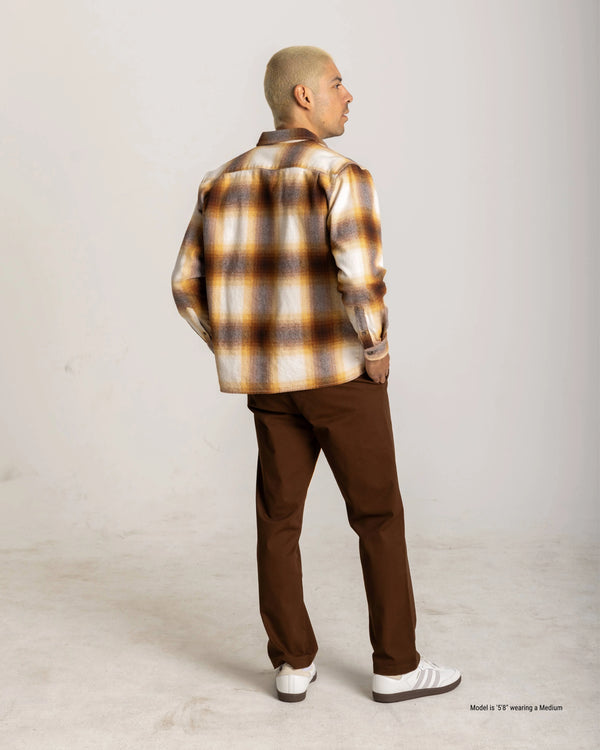 Orange Plaid flannel shirt for shorter men posed