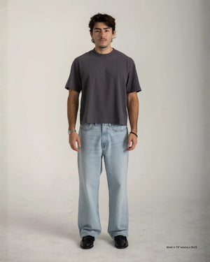 Short Man wearing a plain gray t-shirt and light blue jeans on a white background