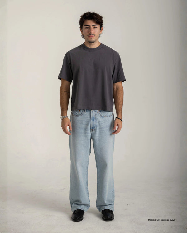 Short Man wearing a plain gray t-shirt and light blue jeans on a white background